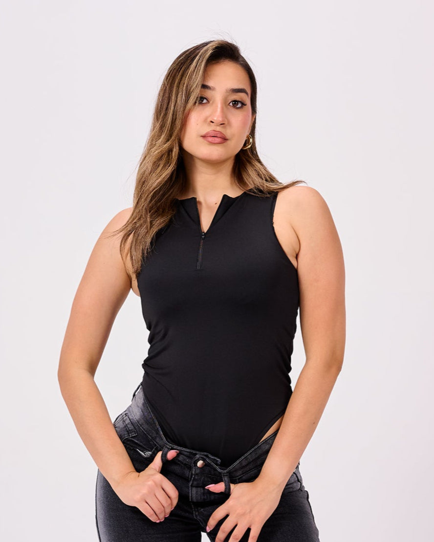 BLACK HALF ZIPPER BODYSUIT
