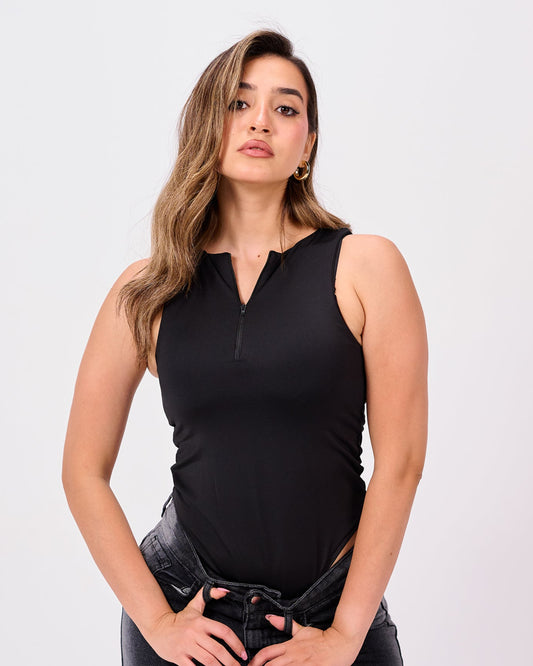 BLACK HALF ZIPPER BODYSUIT
