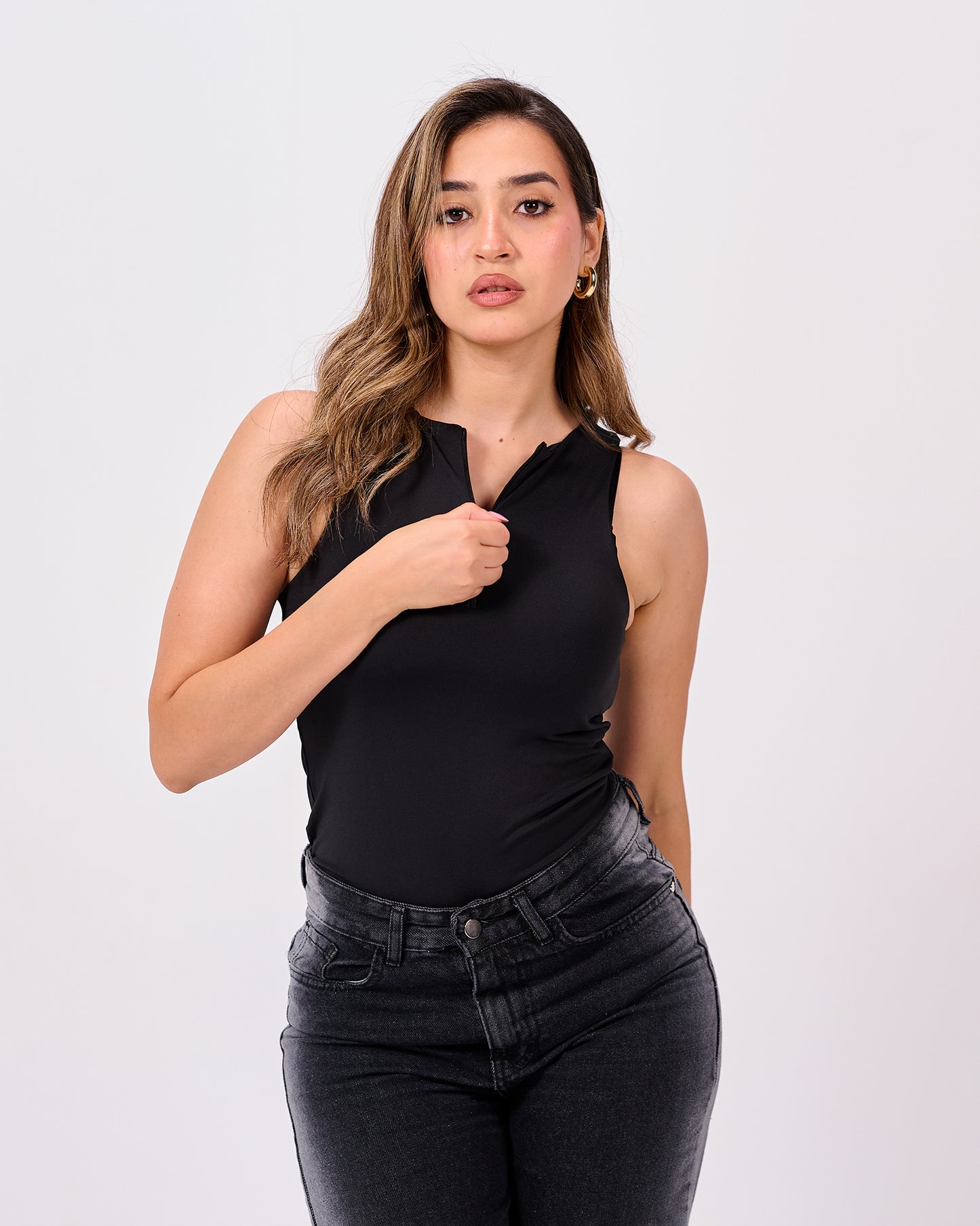 BLACK HALF ZIPPER BODYSUIT