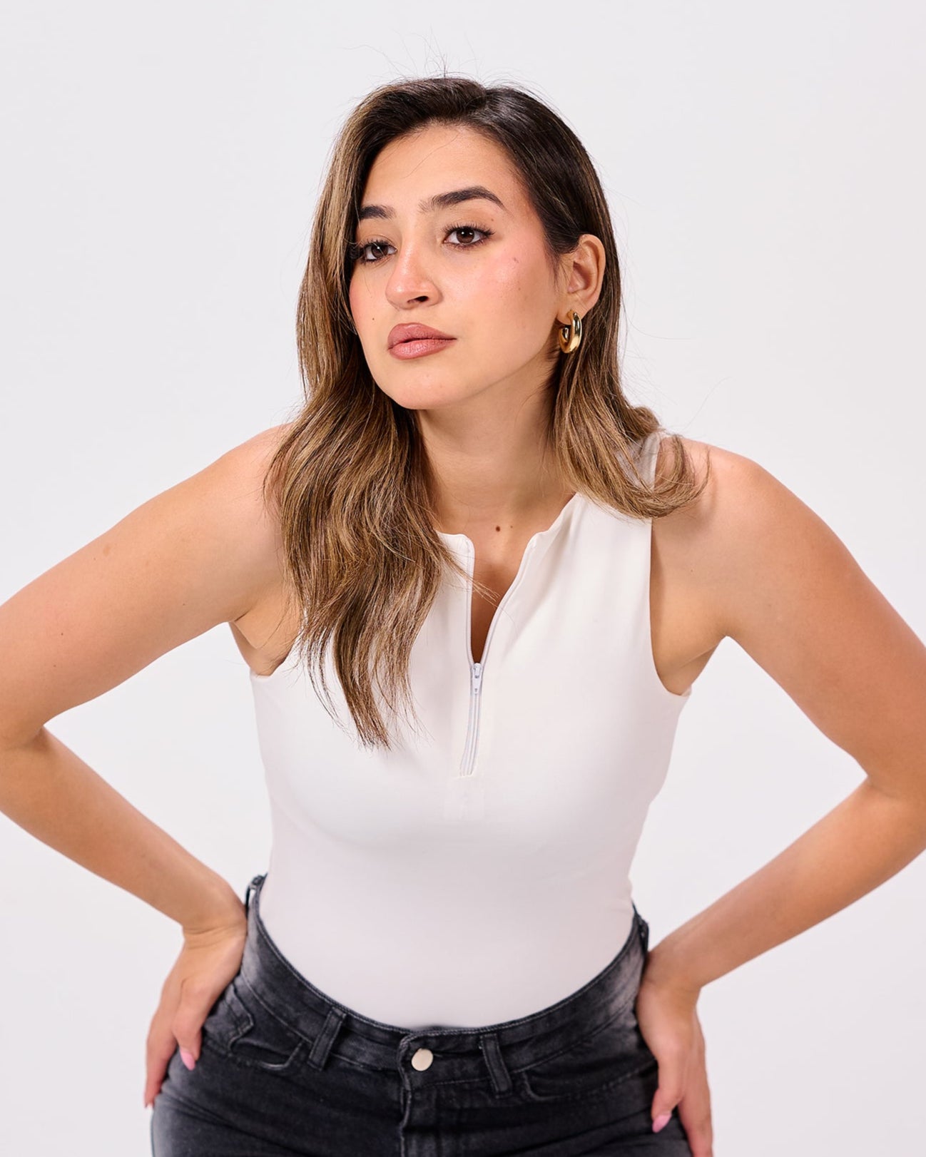 WHITE HALF ZIPPER BODYSUIT