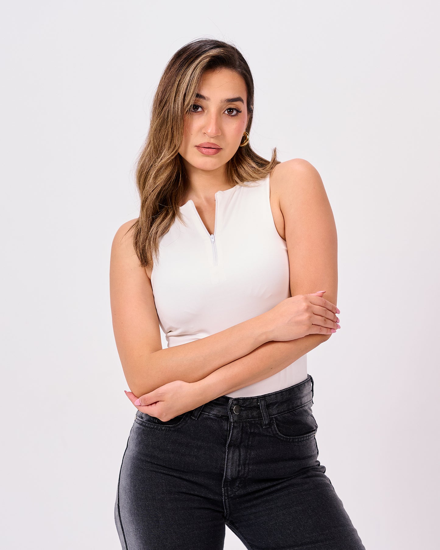 WHITE HALF ZIPPER BODYSUIT