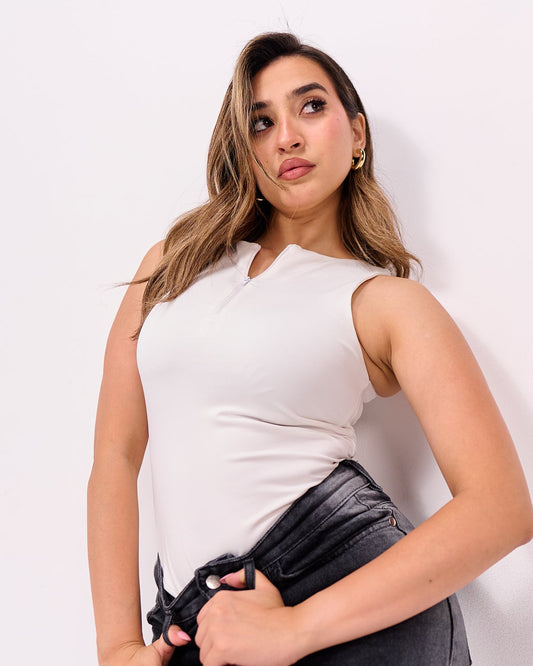 WHITE HALF ZIPPER BODYSUIT