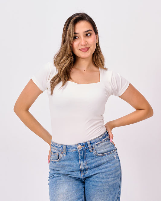 WHITE SQUARE NECK SHORT SLEEVE