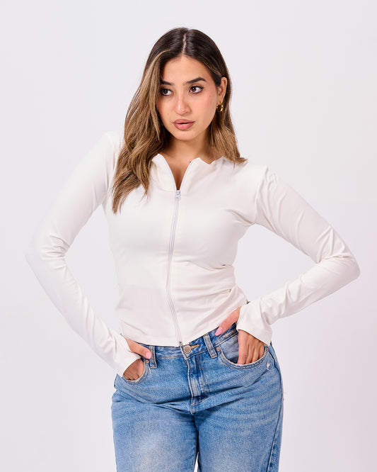 WHITE FULL ZIPPER TOP